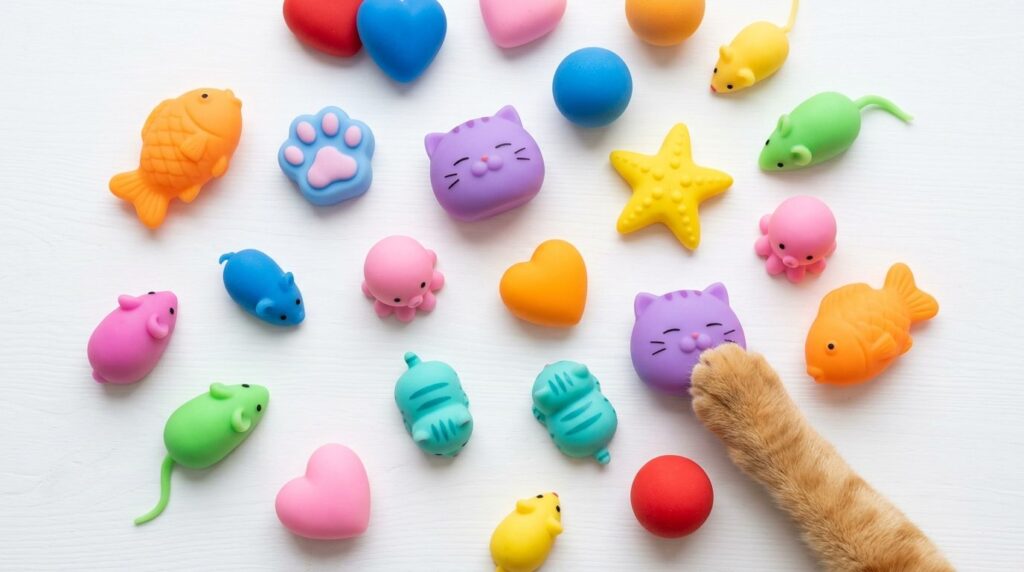 Close-up overhead flat lay of various affordable squishy cat
