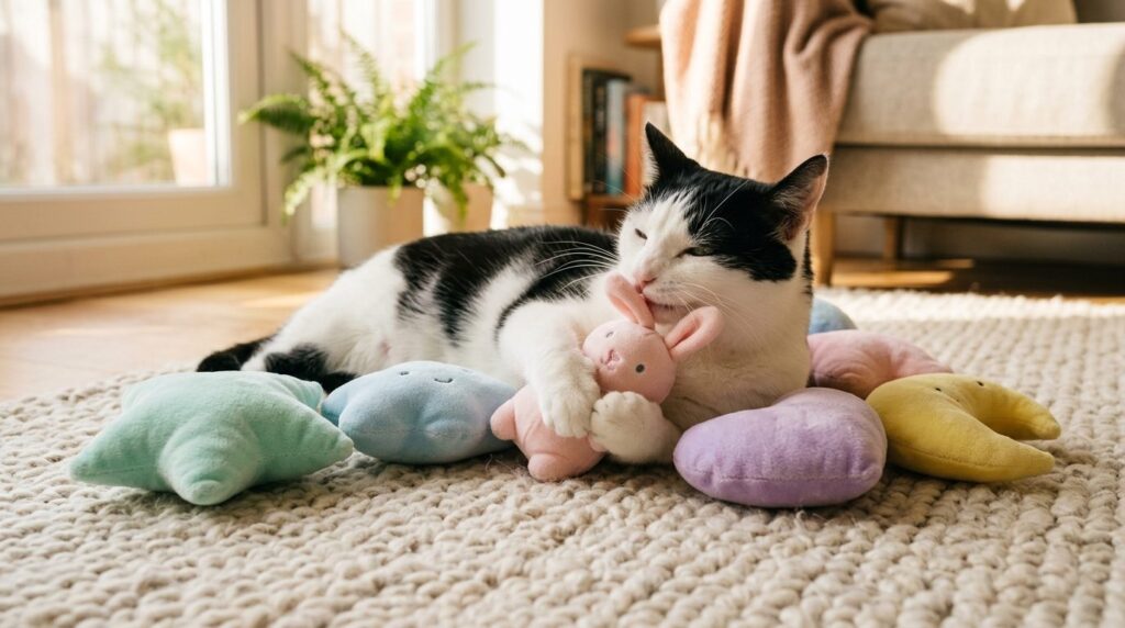 Indoor lifestyle photo of a relaxed black and white cat cont