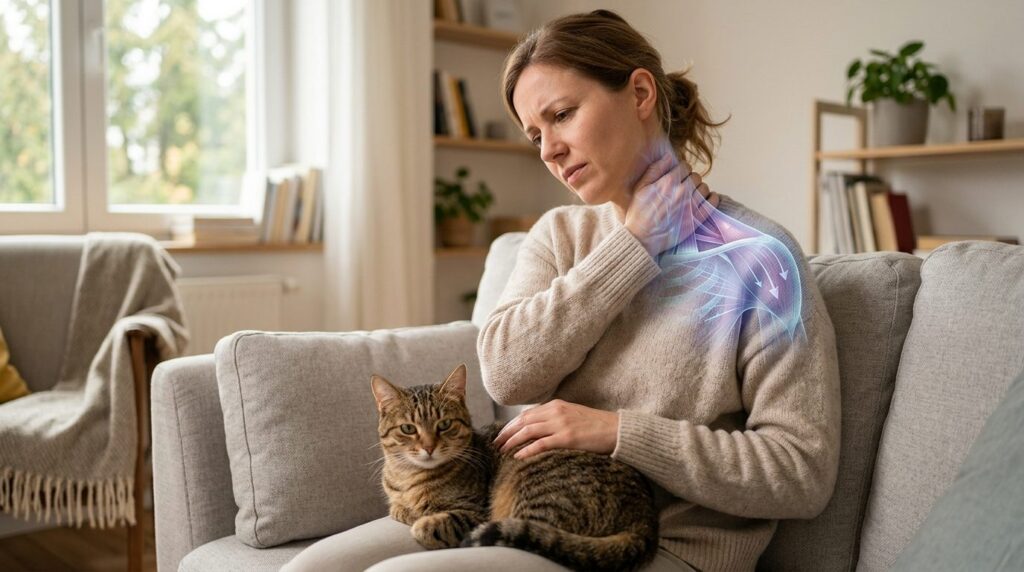 Professional 16:9 stock photo: Cat sitting on owners lap wh