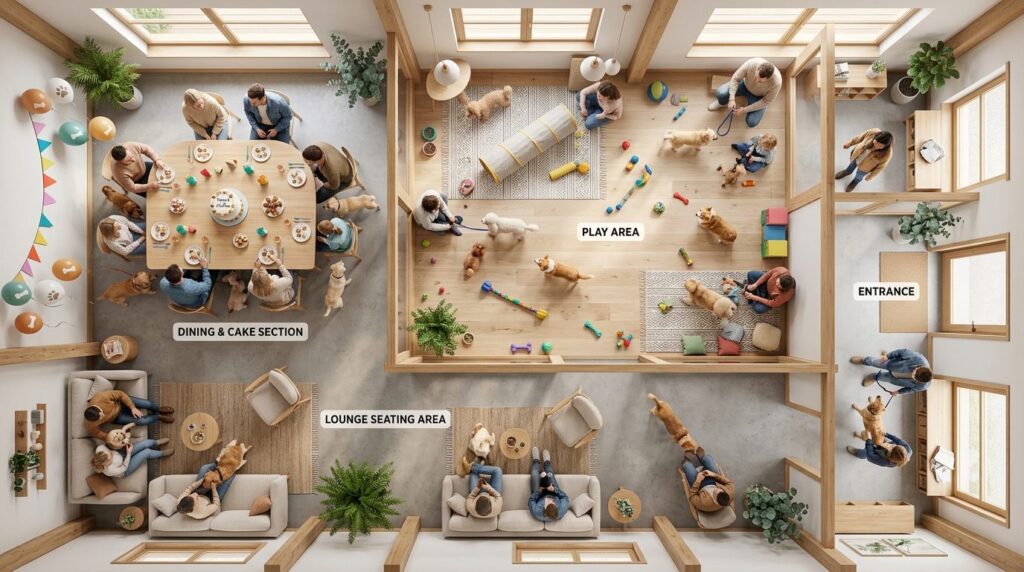 Overhead professional view of a Nordic party venues floor p
