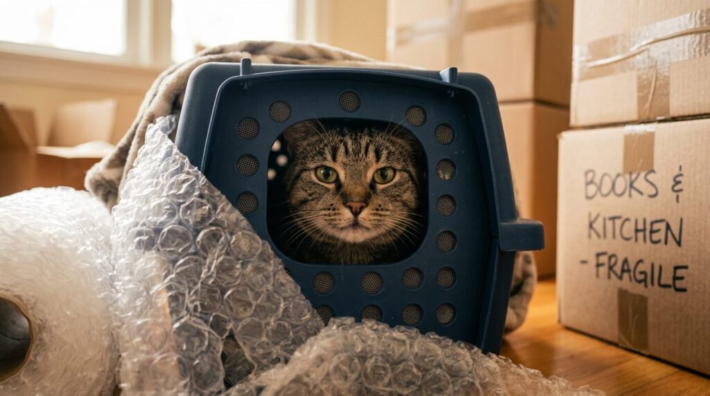 Close-up of a tabby cats face looking through the ventilati