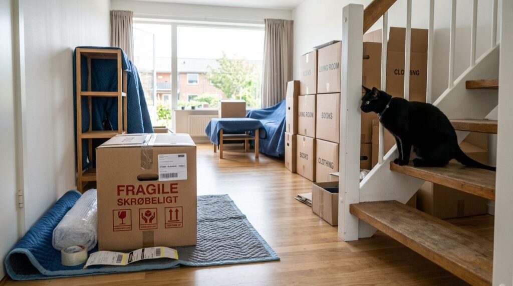Organized moving apartment interior in Ishøj: A cardboard bo