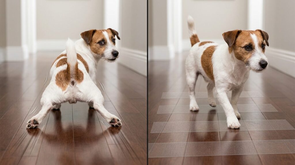 Before and after split-screen composition: left side shows a
