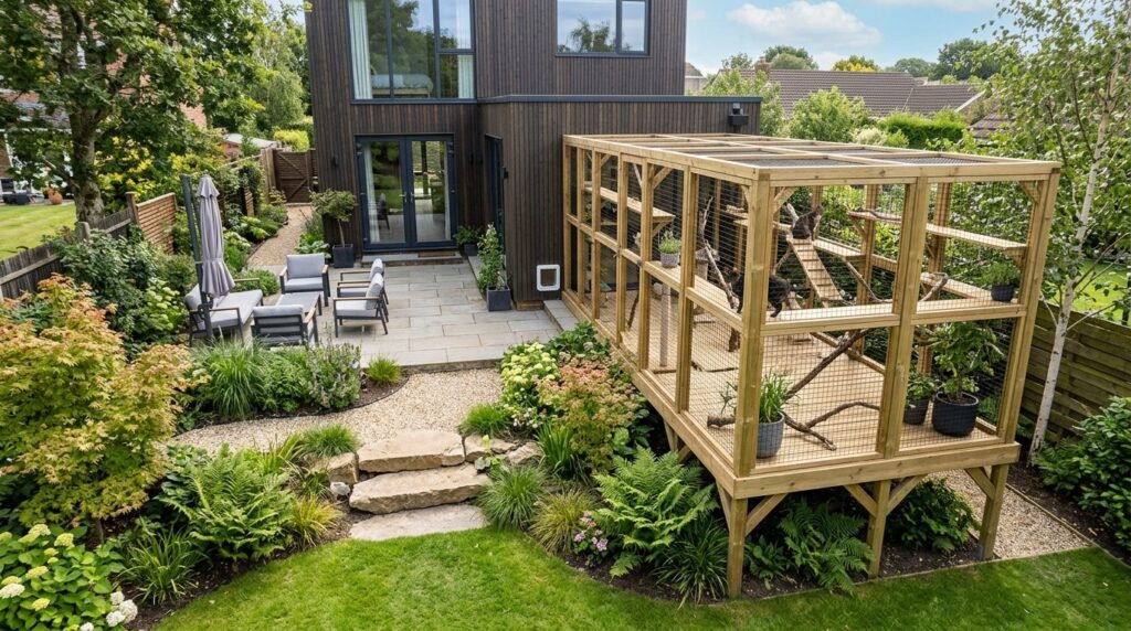 Wide overhead perspective of a residential backyard featurin