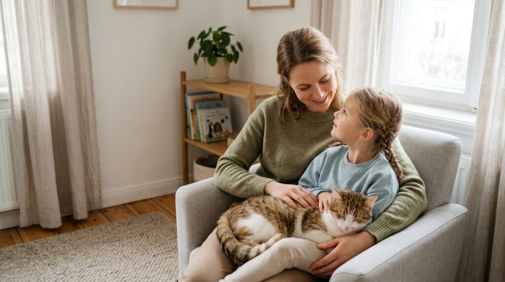 Photorealistic stock photo, 16:9 aspect ratio: A parent and 