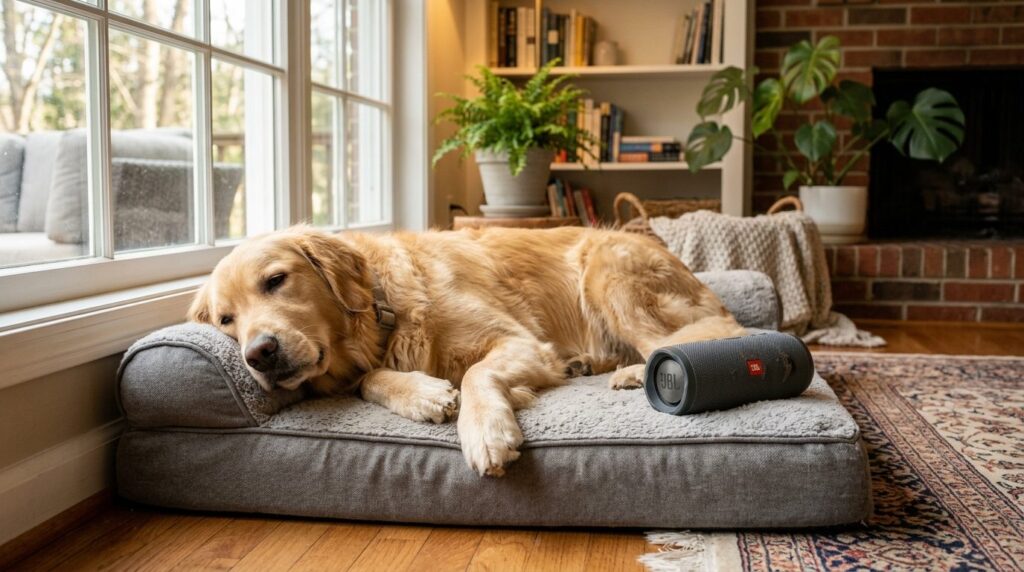 A golden retriever lying on a comfortable dog bed with headp