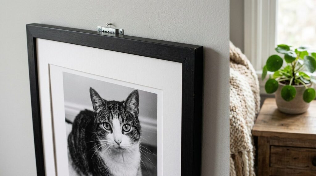 Close-up detail shot of a 50x70 cm framed black and white ca