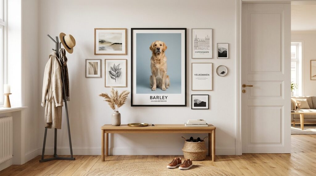 Scandinavian-style entryway gallery wall featuring a 50x70 c