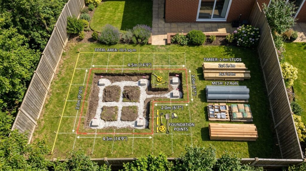 Birds eye view of a residential garden showing a partially