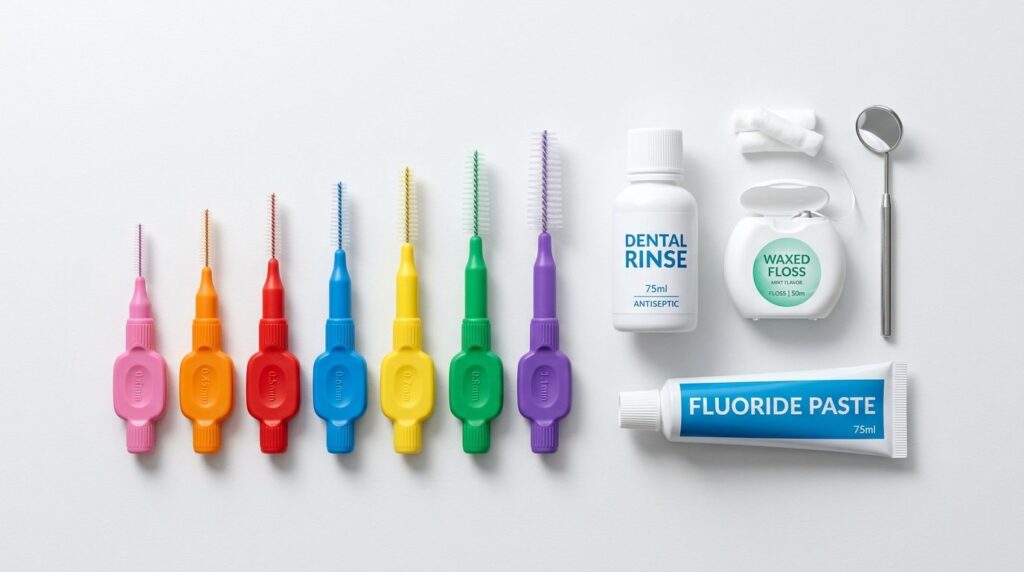 Flat lay product photography of various interdental brush si