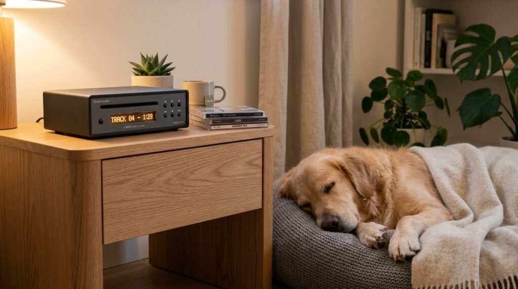 Close-up lifestyle shot of a compact CD player with soft glo