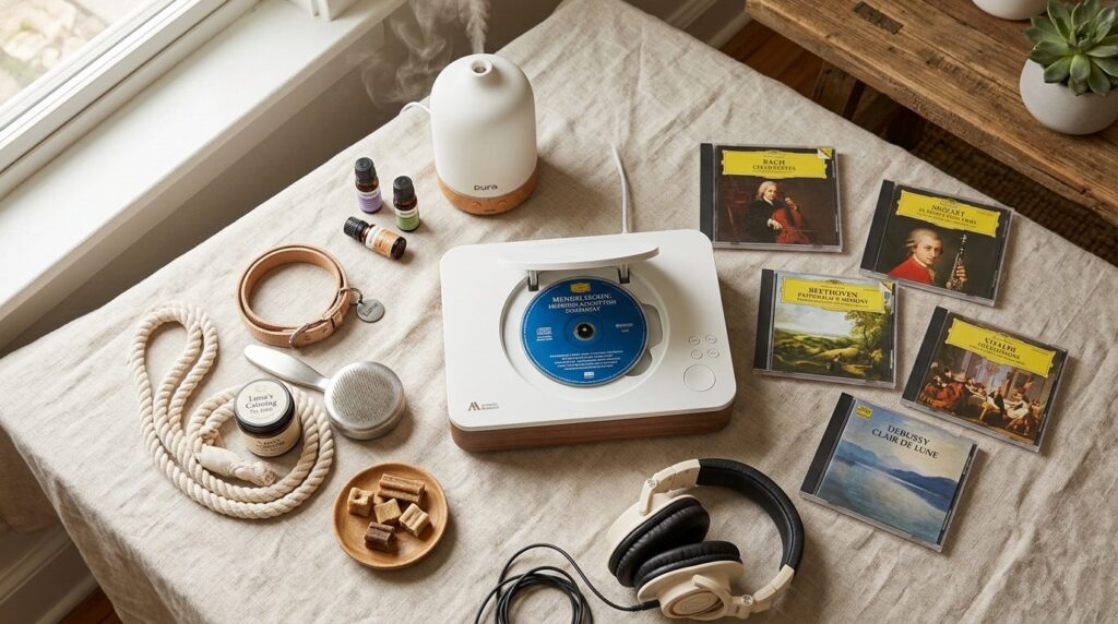 Overhead flat lay composition of a modern CD player with ope